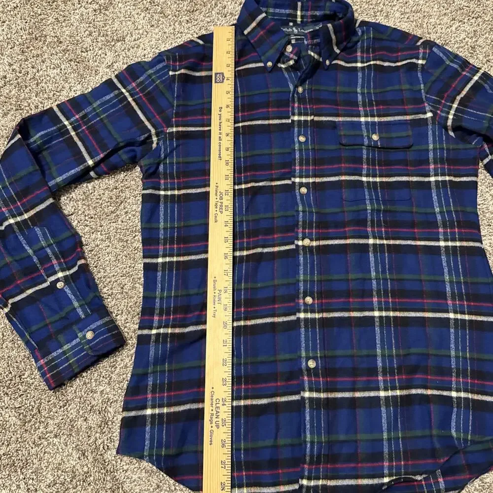 Polo Ralph Lauren Mens M Blue Plaid Flannel Long Sleeve Shirt Warm 100% Cotton